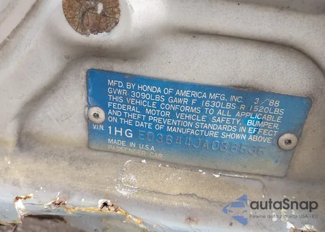 1988 Honda Civic Dx z USA, uszkodzony, nr VIN 1HGED3644JA036535